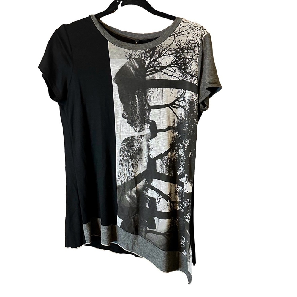 Y2K Edista Forest Woman Asymmetrical Soft Cozy Black Grey Short Sleeve Top Sz M